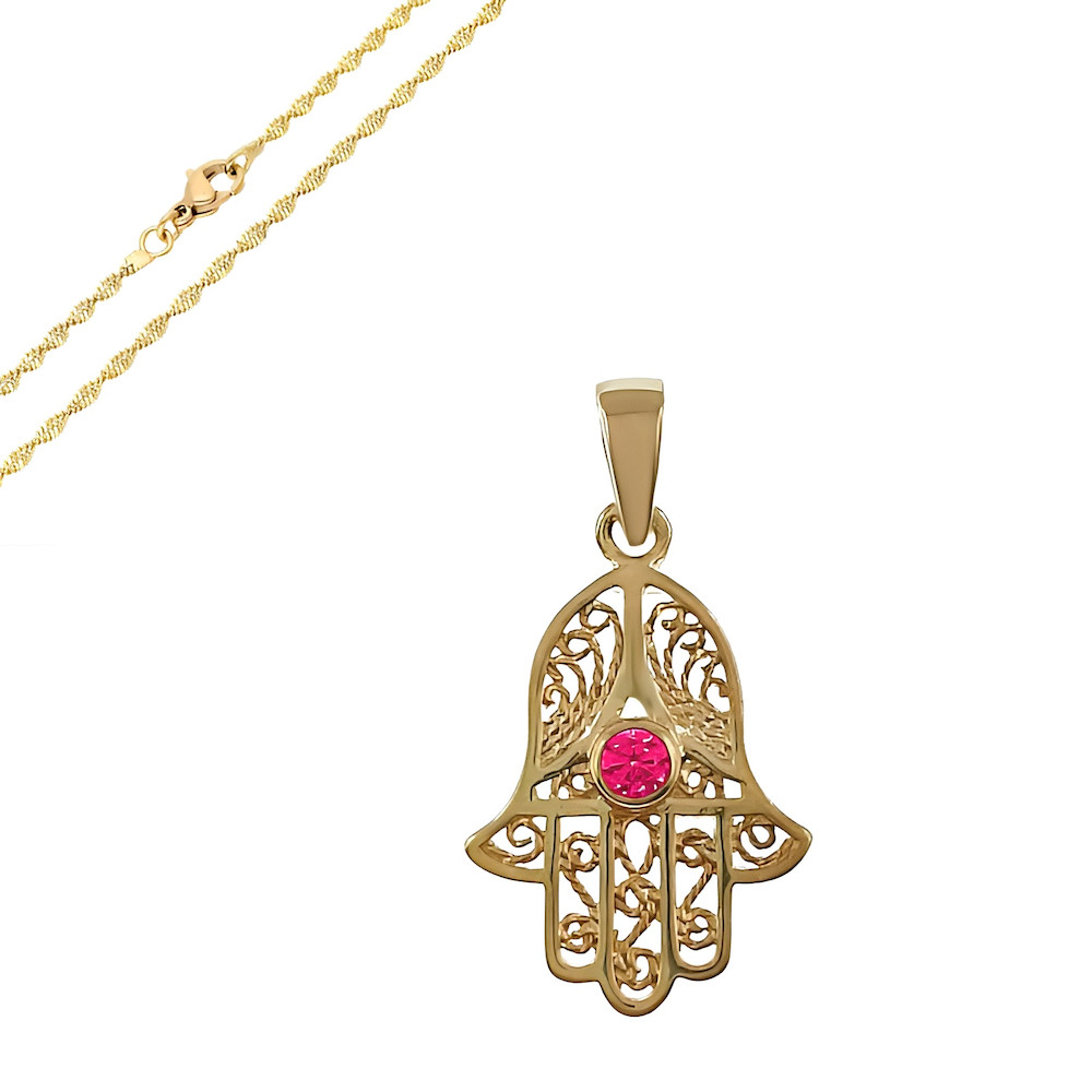 Collier Main de Fatma femme plaqué or jaune pendentif talisman rose vif ajustable