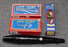 LOT OF 4 Jaw Harps & Kazoos, Vintage Tonette USA & New In Box Toysmiths So Fun!