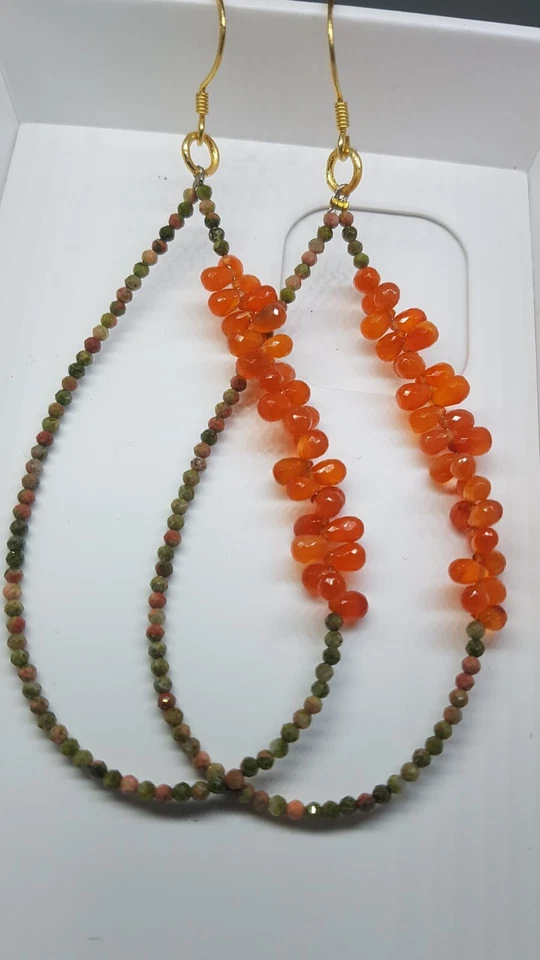 Corniola e pietra preziosa unakite orecchino argento sterling 925 gioiello re... - Immagine 4 di 4