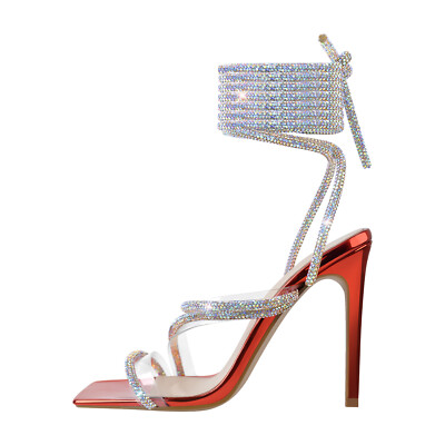 Womens Square Toe Sparkly Rhinestone Lace Up Ankle Strap