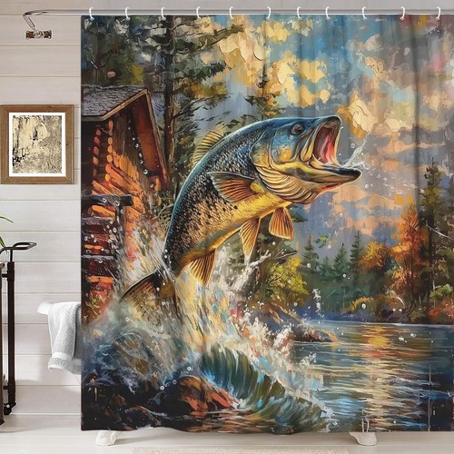 Rustic Cabin Shower Curtain, Country Lodge Bass Fish Lake Fishing Shower