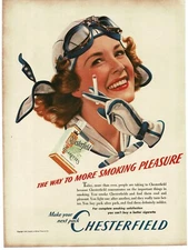 1940 Chesterfield Cigarettes pretty girl airplane pilot aviator Vintage Print Ad