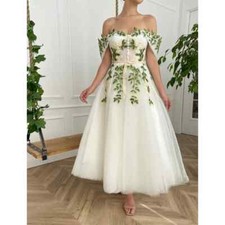 Off Shoulder Leaf Embroidery Button Wedding Dresses A-line Ankle-length Zip Back