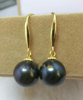 AAA 10-11mm natural black Tahitian round Pearl Earrings 14K YELLOW GOLD P