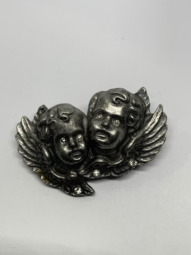 Vintage Silver Tone Clear Rhinestone Angle Cherub Brooches - Picture 2 of 4
