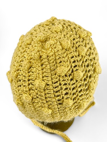 Handmade Crochet Pixie Bonnet Hat Yellow Bobble Stitch Tie Cap Vintage - Picture 4 of 6