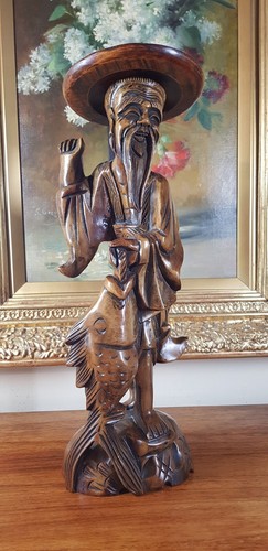Sehr große 18" Zoll alte handgeschnitzte chinesische Holzfigur eines Fischers