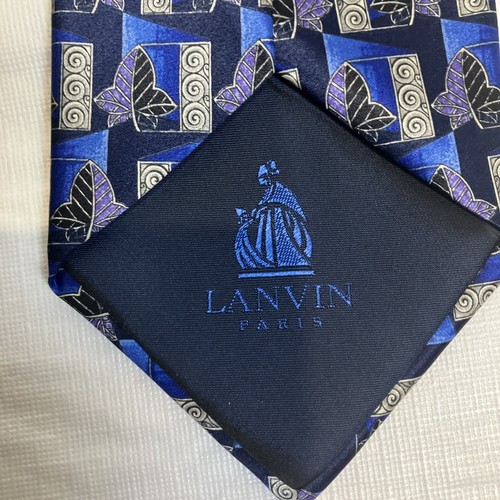 LANVIN PARIS Blue Leaf Print Silk Tie Made In France READ - Picture 4 of 9