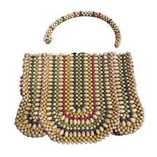 Vintage 1930s Czech Rainbow Wood Bead Beaded Clutch Purse w/ Unattached Handle