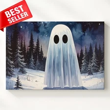 Whimsical Winter Surreal White Canvas Black Sky Starry Ghost Night Wall Art