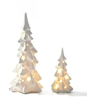 White Ceramic Christmas Trees that Light Up, 2Pcs Set of 2 Snow-white