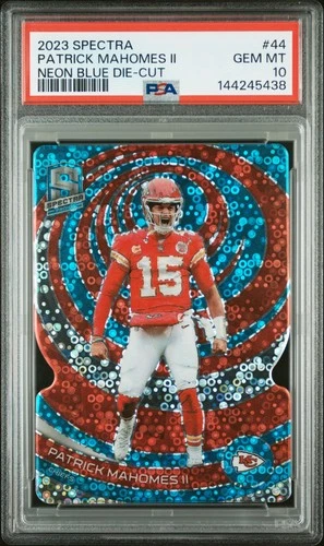 2023 PANINI SPECTRA NEON BLUE DIE-CUT #44 PATRICK MAHOMES II 13/50 PSA 10