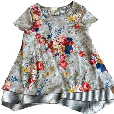 Sundance Ever Blooming Layered Top Sz XS  Charcoal Gray Striped Floral Shirt