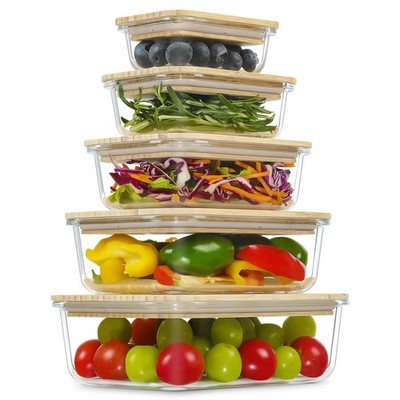 Glass Bamboo Lids Meal Prep Containers Food Storage 5 Pack Pantry Kitchen Fridge