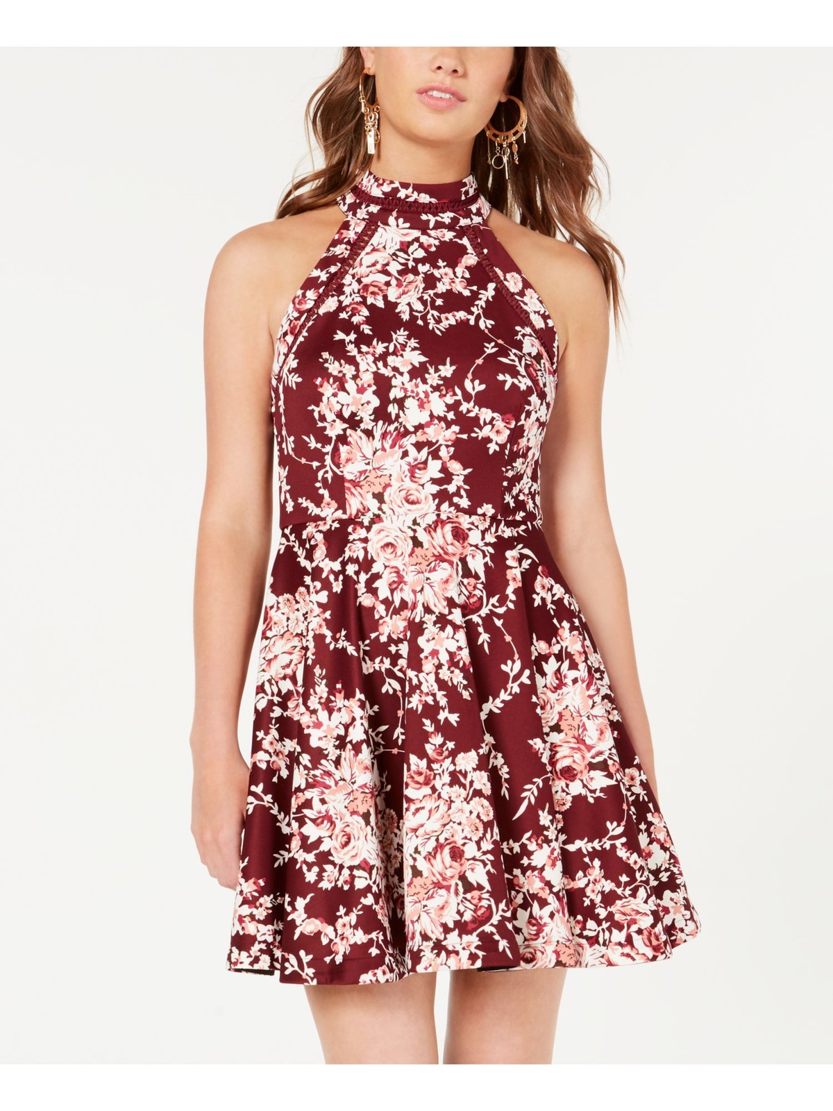 B DARLIN Womens Maroon Floral Halter Short Fit + Flare Dress 1\2
