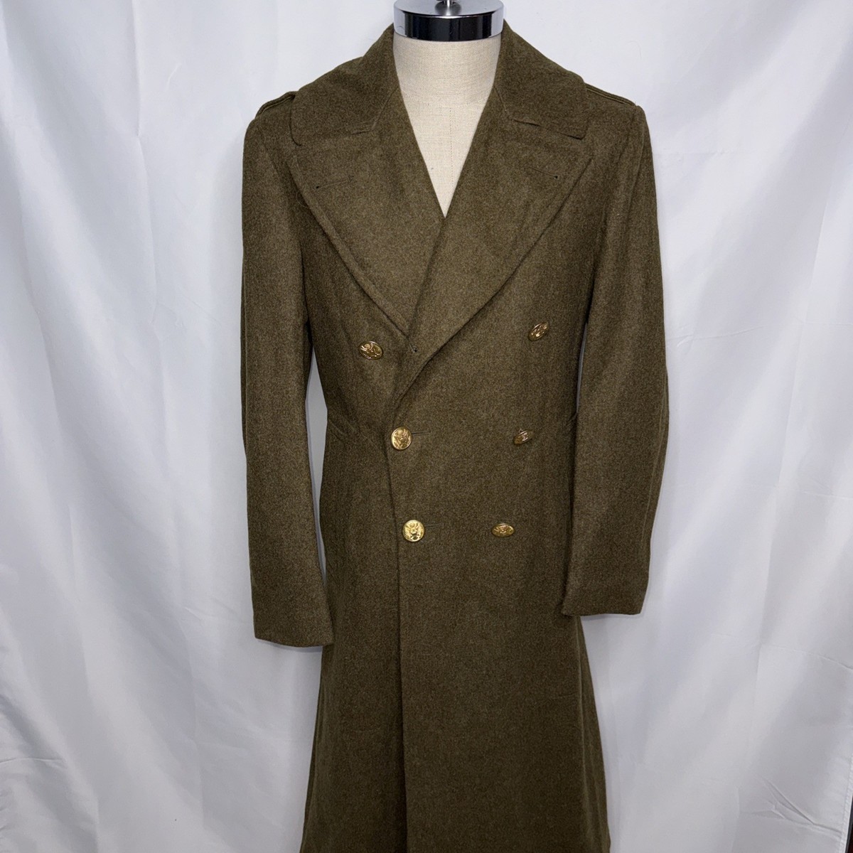 Vintage 40s WW2 US Army Melton Wool Overcoat Trench Coat Size 36L