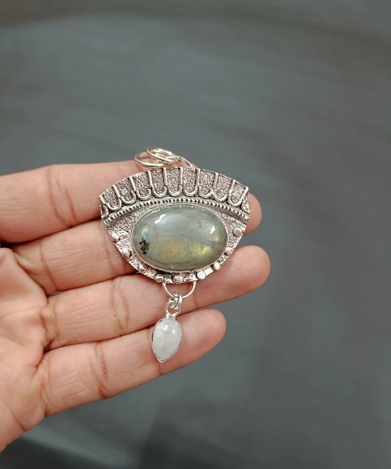 Handmade Labradorite and Moonstone Pendant Sterling Silver Pendant Gift for Her - Image 3 of 4
