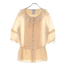 CHANEL Size34 With Ribbon Coco Mark Pearl Button Silk Blouse Pink Womens P47321