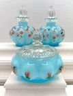 Vintage 1940s Fenton Powder Blue Charleton Overlay Melon Perfumery Vanity Set