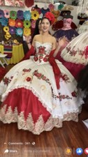 Mexican Princess Quinceanera Dresses White Red Puffy Lace-up Floral No Hat
