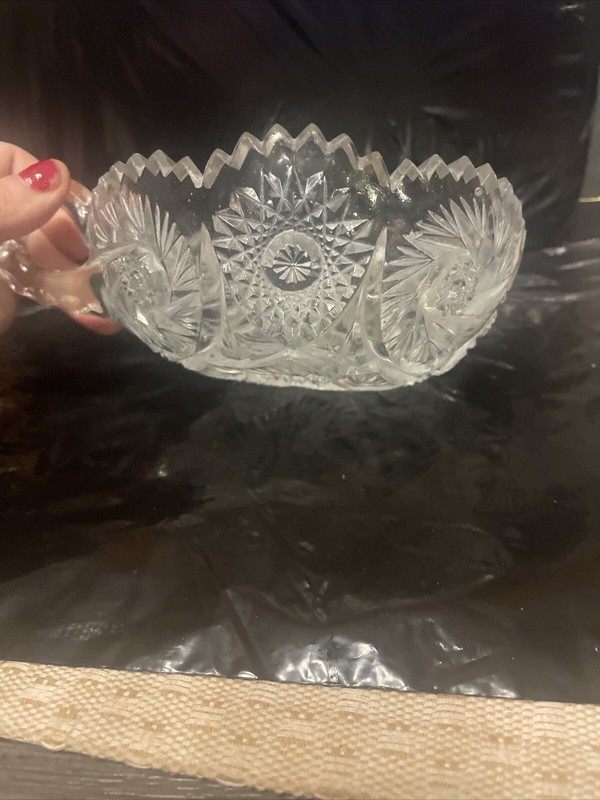 Vintage Crystal Cut Glass Candy Nut Dish with Finger Loop Handle Sawtooth Rim