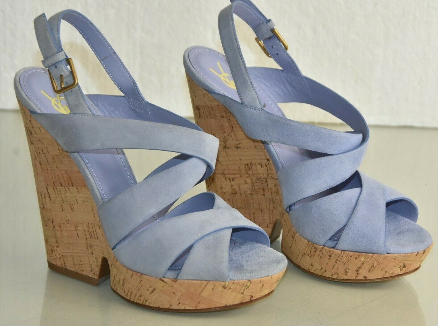 SAINT LAURENT NUOVI YSL Yves Saint Lauren sandali zeppa blu pervinca scarpe plateau sughero 40