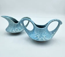 Art Deco Pottery Cream & Sugar Set In Powder Blue Made In The USA 1940's