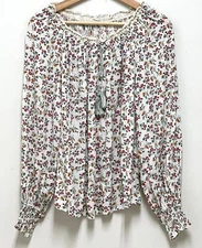 Max Studio Women's White Rayon Blouse Floral Pattern Long Sleeves Size S NWT