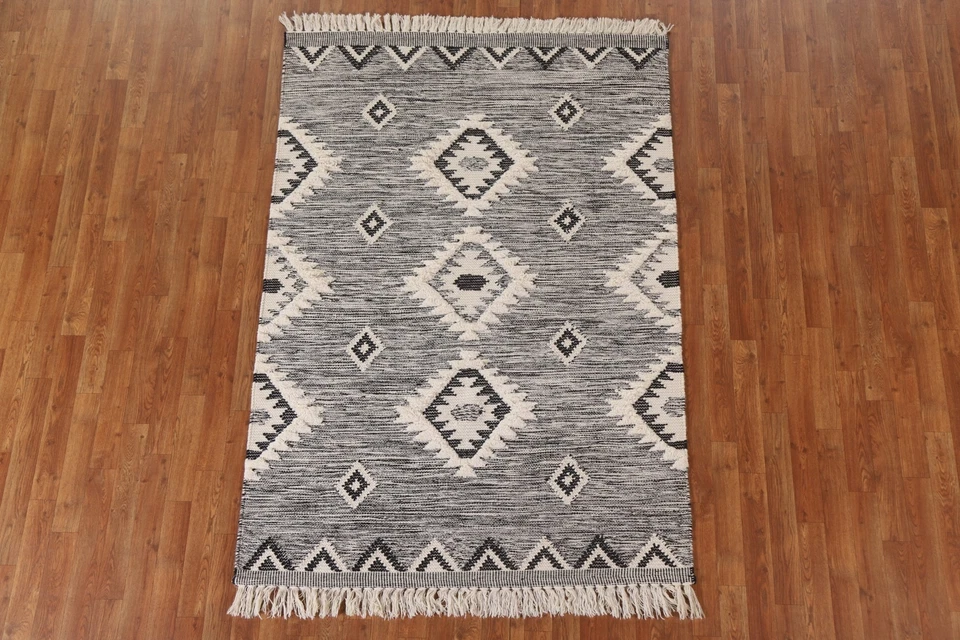 Ofertas Black Friday Geométricas Negro/Blanco Kilim Enrejado Tejido Plano Alfombras 5x7 ft Foto 3 de 4
