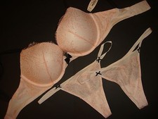 NWT Victoria's Secret 32DD BRA SET One size thong PEACH beige black DREAM ANGELS