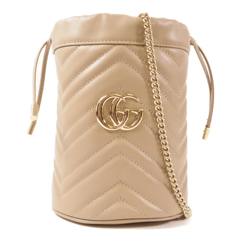 GUCCI GHW GG Marmont Bucket Chain Shoulder Bag 575163 Calfskin Leather Taupe