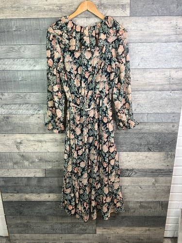 Mango MNG Midi Dress Size UK 12 Black Peach Floral Chiffon Ruffle Long Sleeves - Picture 2 of 12