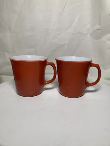 Vintage Corning Burnt Orange 10 oz Coffee Mugs/Cups, set of 2 (Made in USA)