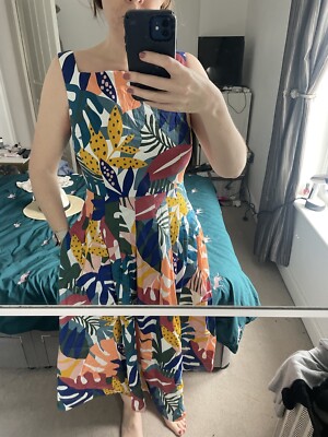 boden aubrey cotton midi dress Boden Aubrey Cotton Midi Dress Ivory Leafy Tropics Size 10 Uk Pockets NWOT