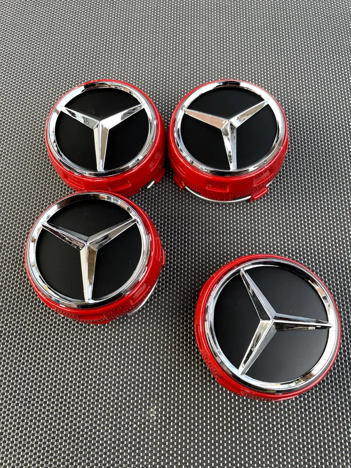 MERCEDES BENZ SET OF 4 BLACK - RED OUTLINED 75 mm/2.95in Wheel Center Caps - Image 4 of 4
