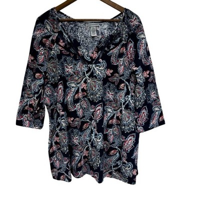 Catherines Tunic Womens 14 16 Black Colorful Floral Cotton Knit Comfy Relaxed