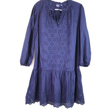 GAP Cotton Navy Blue Dress Eyelet Long Sleeve Ruffle Hem Womens Large TALL Knee