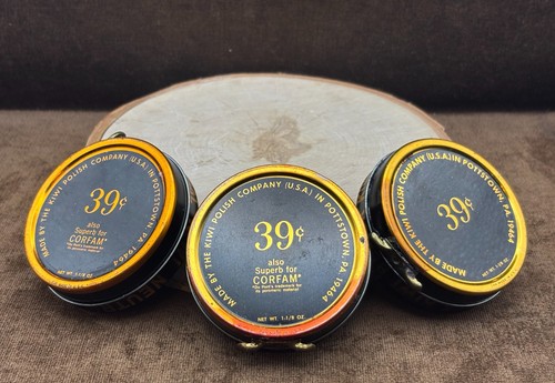 3 VINTAGE 39cent KIWI Neutral Brown Black Boot/SHOE POLISH 1 1/8 OZ. Tins +Bonus