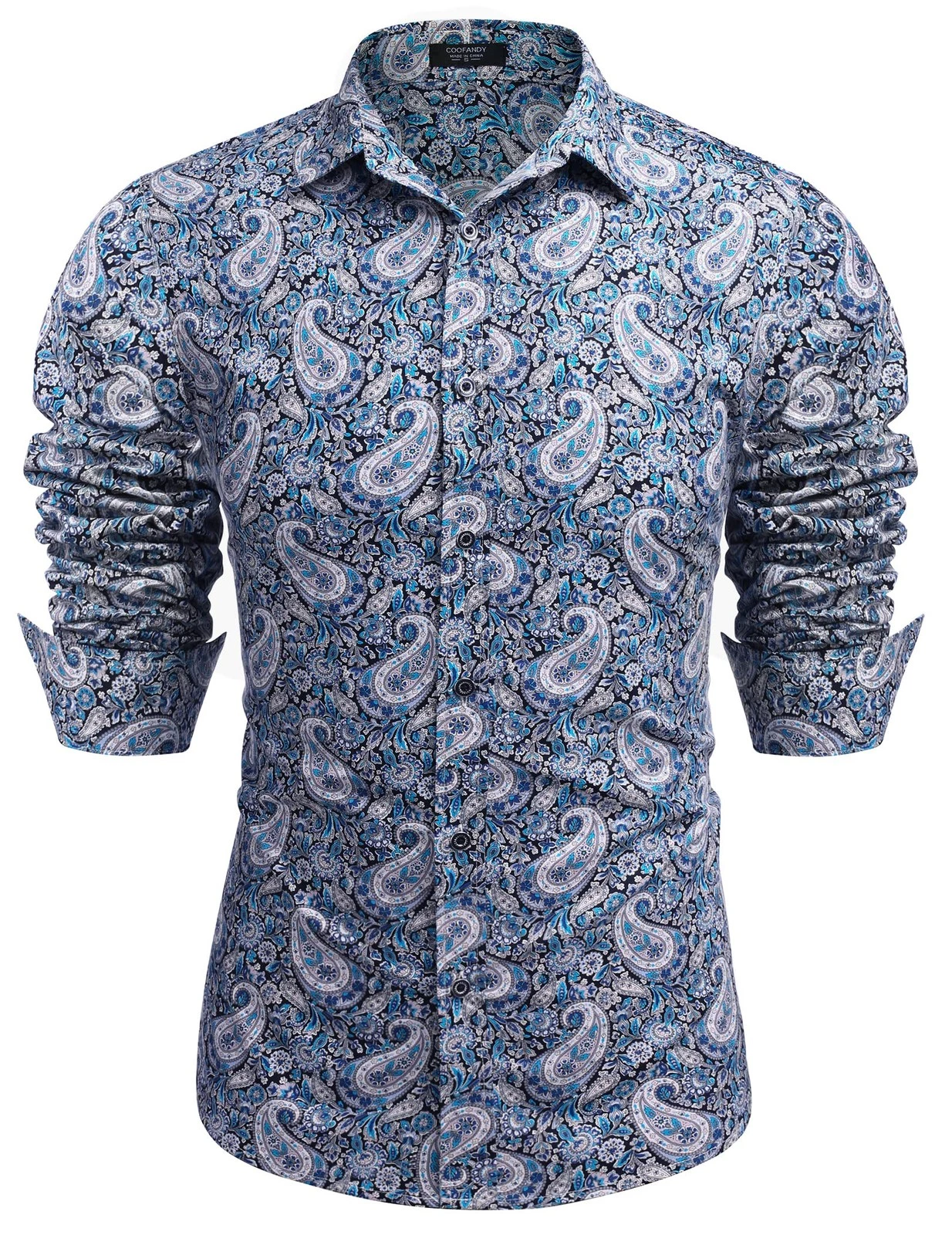 Men Dress Shirt Long Sleeve Floral Print Button Down Shirt(blue pattern 2, XL)