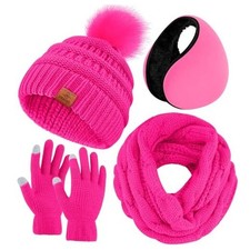 4-In-1 Winter Warm Sets Knitted Scarf Touch Screen Gloves Beanie Hot Pink