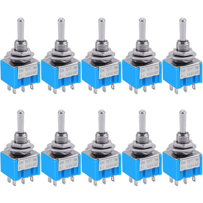 10Pcs DPDT Mini Toggle Switch - 6-Pin 3 Position On/Off/On - 6A 125V MTS-203
