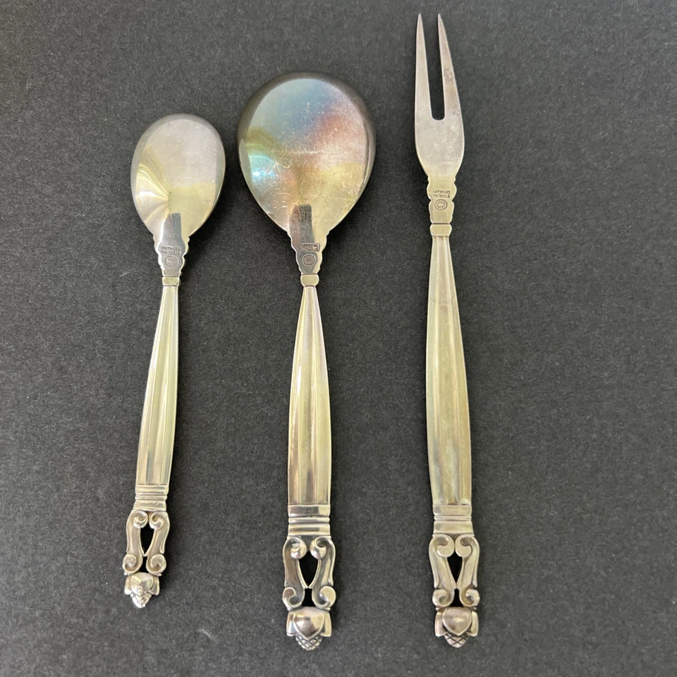 Juego de 2 cucharas y 1 tenedor Georg Jensen Dinamarca plata esterlina patrón bellota 77,6 g Foto 4 de 4