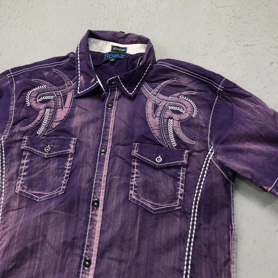 Camisa Roar Para Hombre Mediana Púrpura Bordada Desteñida Logotipo de Socorro Algodón Botón Y2K Foto 3 de 4