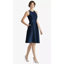 2862 NWT Alfred Snug D769 Jewel Neck Satin Cocktail Dress Midnight Blue Size 6