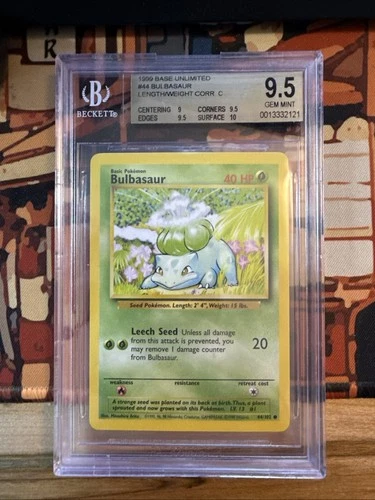 BGS 9.5 Pokémon TCG Bulbasaur 1999 Base Set, Unlimited Common Card 44/102