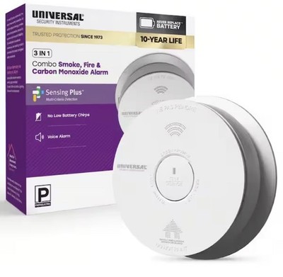 USI 10-Year Battery 3-in-1 Smoke Fire and Carbon Monoxide Detector w/Voice Alarm