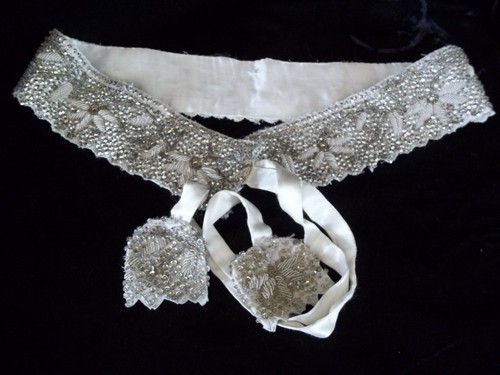 Vintage Embroidery Bead Floral sequin Belt White and Silver Sash Ribbon Tie