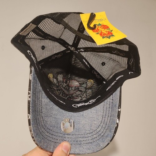 VINTAGE DON ED HARDY TATTOO STYLE BLACK TRUCKER HAT SKULL AND BONES - Picture 5 of 7