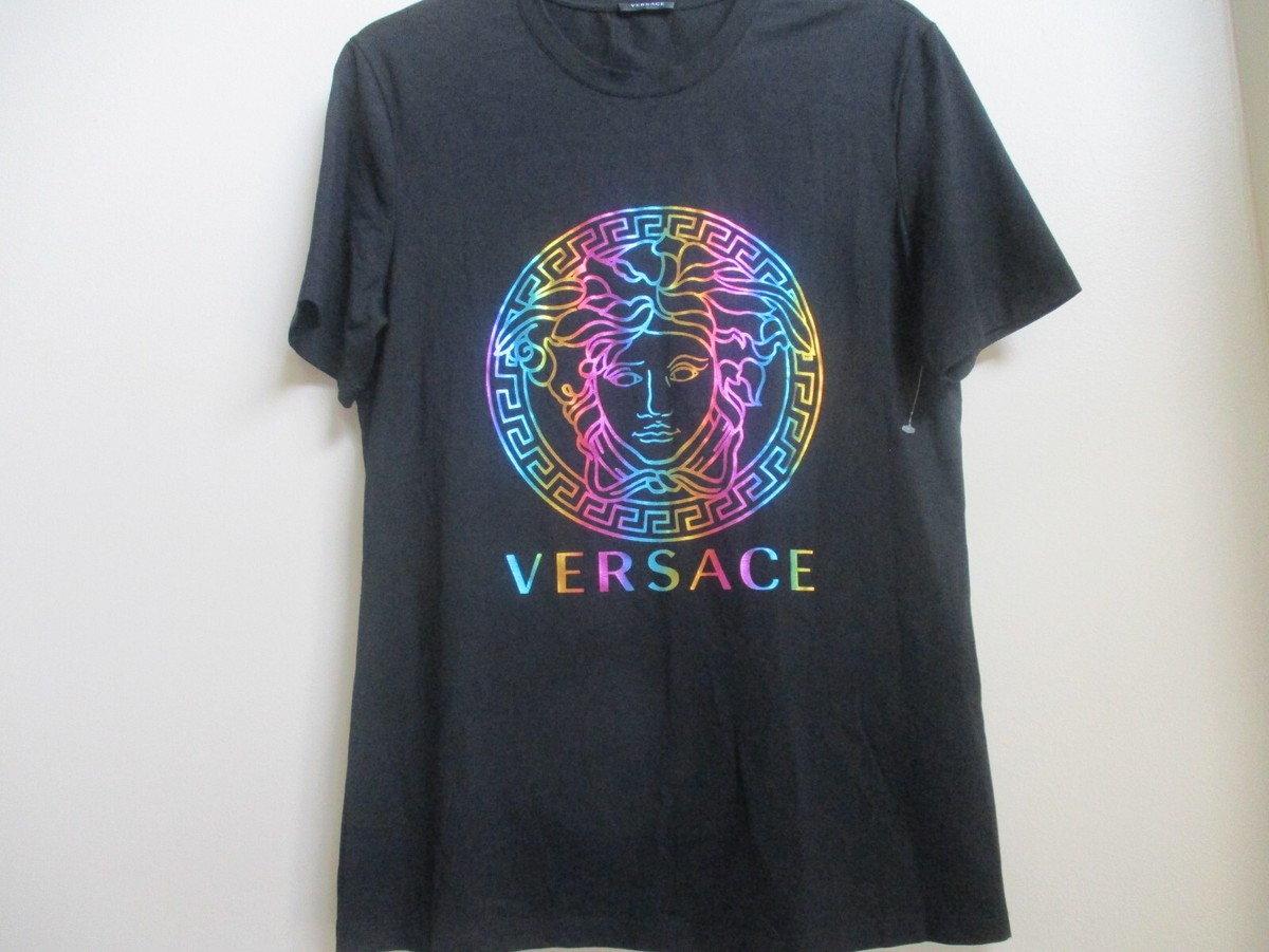 Versace Medusa Head Rainbow Logo Print T- Shirt Black sz IT