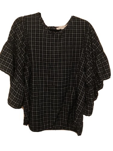 LOFT Short Bell Sleeve Black And White Plaid Butto